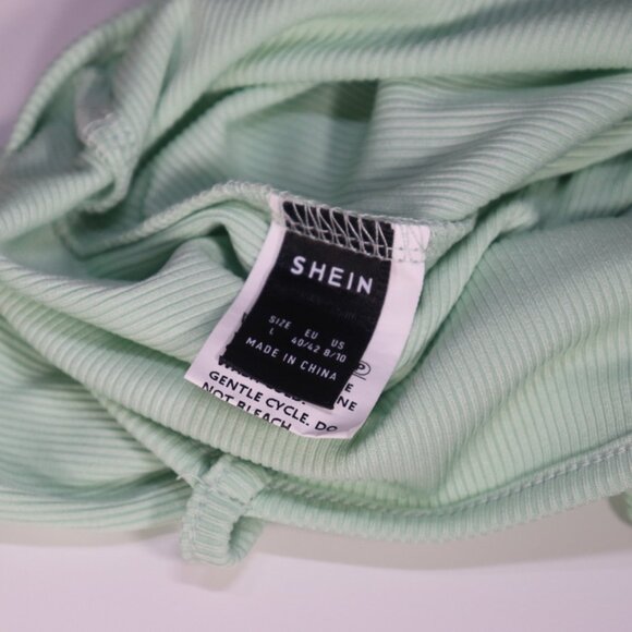 Shein Pastel Mint Vertical Ribbed Asymmetrical Neck Strappy Bodysuit, Large - Picture 9 of 10